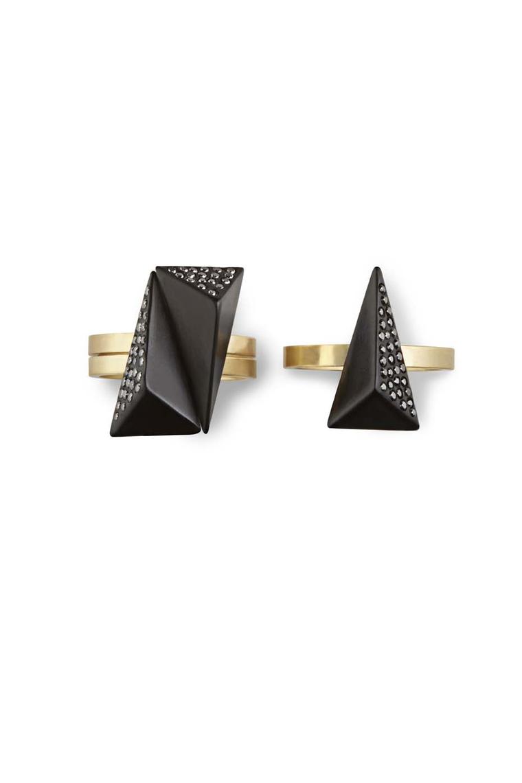 Jacqueline Cullen faceted rings in Whitby Jet set with black diamonds.